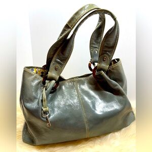 Fossil Genuine Patent Leather Sage Green Tortoise Acrylic Hoops key Hobo Bag